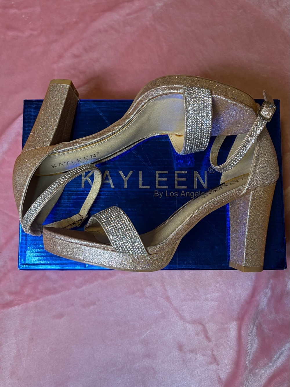 Gold Glitter Block Heel Sandals with Rhinestone Strap